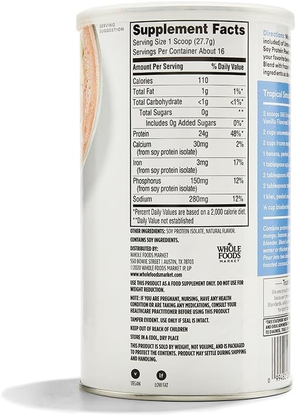 365 by Whole Foods Market, Soy Protein Powder, Unsweetened Vanilla Flavor, 15.63 oz