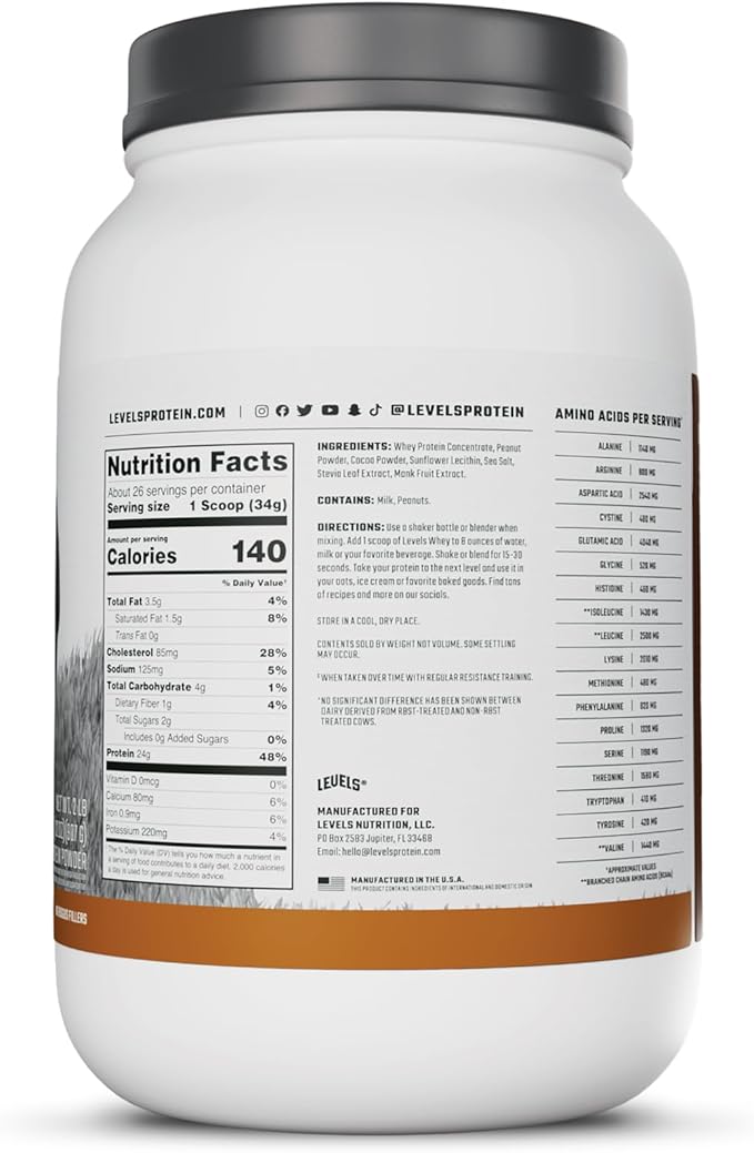 Levels Grass Fed Whey Protein Powder, No Artificials, 24G of Protein, Chocolate Peanut Butter, 2LB