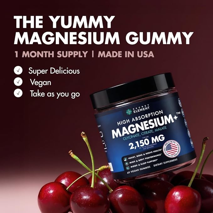 Magnesium Gummies 3in1 - Glycinate, Citrat, Malate 2150 MG High Absorption Supplement, Sugar-Free, Vegan, Chews for Men & Women, Inspired by Wellness Traditions Like Arjuna, 60 Gummies, Cherry Flavor