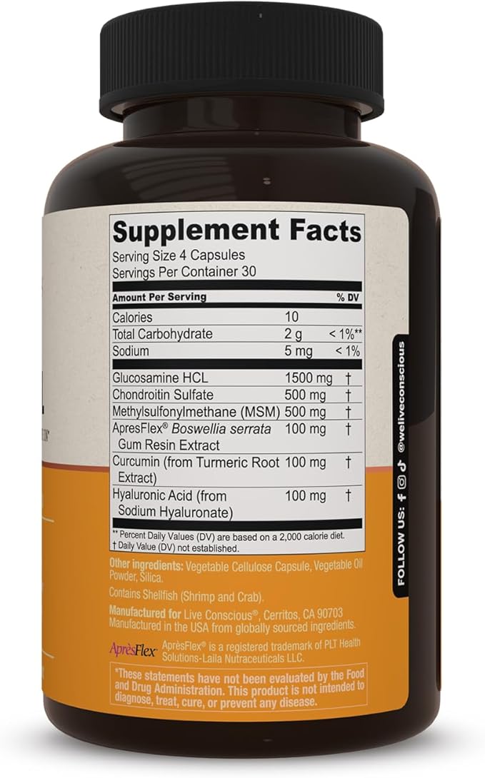Live Conscious Glucosamine Chondroitin with MSM, Hyaluronic Acid, and More - MoveWell Joint Health Supplement
