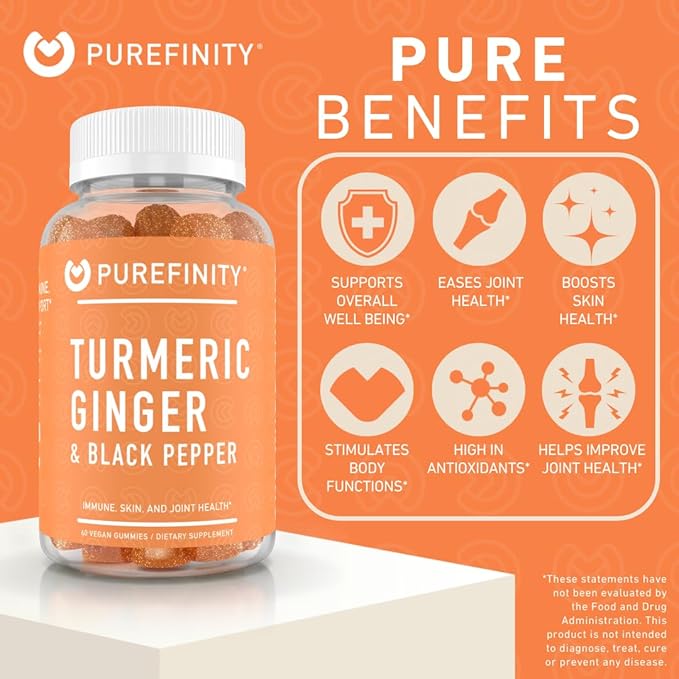 PUREFINITY Turmeric and Ginger Supplement Gummies with Black Pepper, Joint Support Curcumin Chewables with Delicious Flavor – Gluten Free, Non-GMO, Vegan, 60 Count