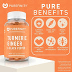 PUREFINITY Turmeric and Ginger Supplement Gummies with Black Pepper, Joint Support Curcumin Chewables with Delicious Flavor – Gluten Free, Non-GMO, Vegan, 60 Count