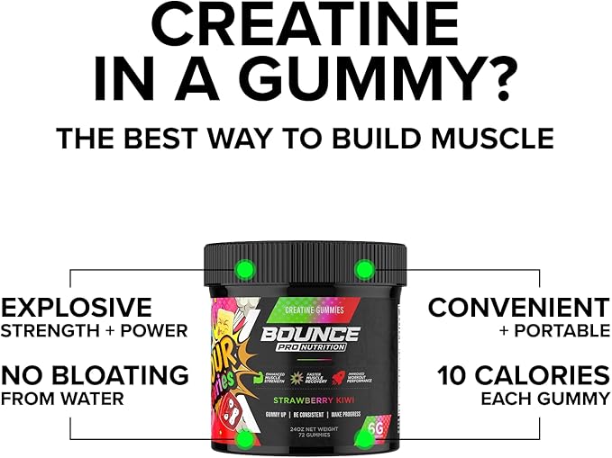 Bounce Pro Creatine Monohydrate Gummies for Men & Women, Low Calorie, 6G of Creatine per Serving, Vegan, Anti-Melting, Gluten-Free, Non-GMO (72 Count (Pack of 1), Strawberry Kiwi)