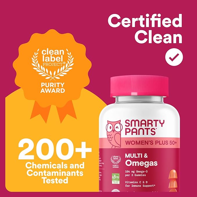 SmartyPants Multivitamin Gummy for Women 50 and Over, Omega 3 (DHA/EPA), Methylfolate, CoQ10, Vitamin D3, C, Vitamin B12, B6, A, K, Biotin, Gluten Free, 90 Count (30 Day Supply)
