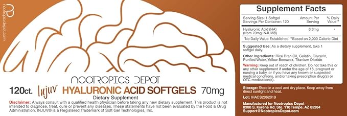 Nootropics Depot Injuv Softgels | 70mg | 120 Count | Natural Hyaluronic Acid | Skin Health Supplement