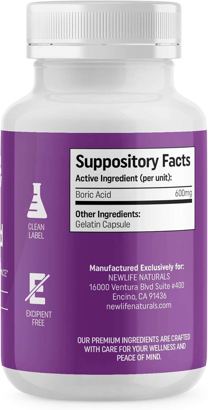 NewLife Naturals - Boric Acid Suppositories for Women - 600mg - Feminine Care - for Vaginal Odor Use - 100% Pure- Made in USA - 30 Capsules