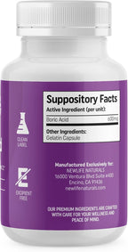 NewLife Naturals - Boric Acid Suppositories for Women - 600mg - Feminine Care - for Vaginal Odor Use - 100% Pure- Made in USA - 60 Capsules