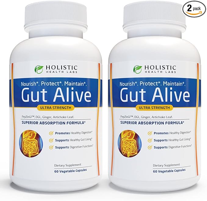 Holistic Health Labs Gut Alive - All Natural Support to Fight IBS, Heartburn, Acid Indigestion, Acid Reflux, Bloating & Gas. Unique Formulation (60 Count (Pack of 2))