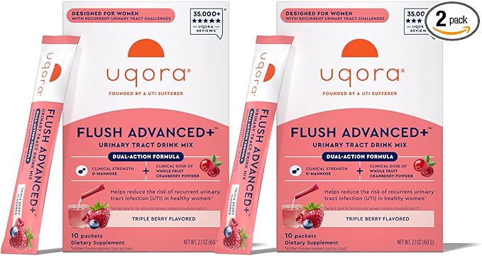 Uqora Flush Advanced+ - Helps Reduce Risk of Recurrent UTI** - with Cranberry, D-Mannose, Vitamin C, Vitamin B6 & Potassium - Gluten-Free & Vegan - Triple Berry Flavor - 20 Packets Total (2 Pack)