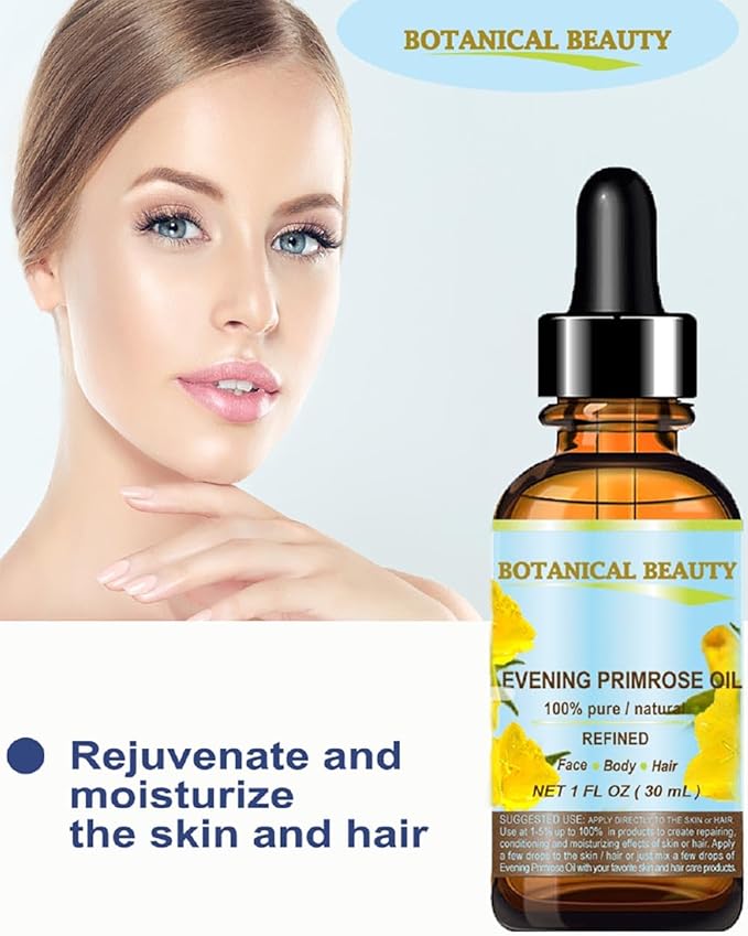 Botanical Beauty EVENING PRIMROSE OIL 100% Pure Natural Undiluted Unrefined Virgin Cold Pressed Carrier Oil. 1 Fl.oz.- 30 ml for face, skin, hair, nails. Rich in essential fatty acids GLA