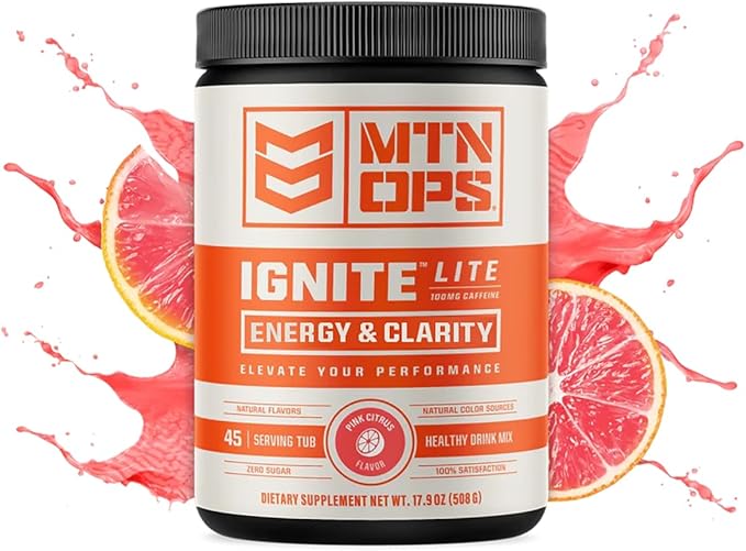 MTN OPS Ignite Lite Sugar Free Energy Drink Powder with 100mg Caffeine, Nootropic Blend for Energy & Focus, L Arginine & L Citrulline for Endurance, 45 Servings, Pink Citrus