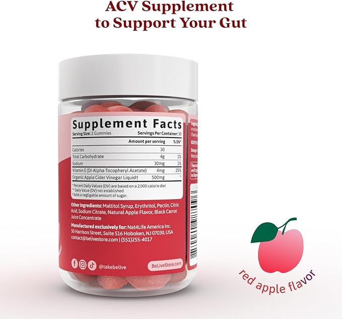 BeLive Apple Cider Vinegar Gummies - ACV Gummies Without Sugar I Detox & Cleanse Digestive Health I Alternative to Capsules, Vegan, Keto Friendly, Non-GMO, Gluten Free | 60 Ct