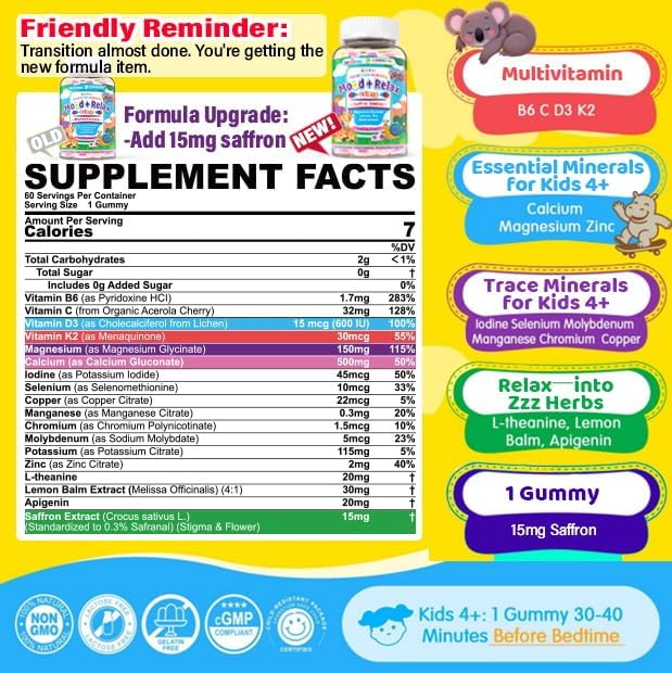 Kids 4+ Magnesium + Saffron Sleep Gummies, Relax Happy Filled Gummy, Bedtime Calcium Zinc, Mineral + Multivitamin Gummies, Melatonin Free | Vitamin D3 K2 | Bone, Only Need 1 Gummy - Sweet Dream Magic