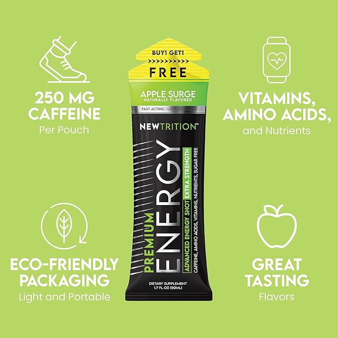 NewTrition® Extra Strength Energy Shots, 1.7 fl oz - 250mg Caffeine with Vitamin B & Amino Acids, Sugar-Free, Zero Calorie Vitamin Energy Drink for Focus & Endurance (Pack of 12, Apple Surge)