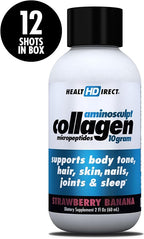 HEALTH DIRECT – Medical-Grade Liquid Collagen Shots – AminoSculpt Sugar-Free – Strawberry Banana – 12 Servings, (12pk, 2oz Shots) – Good for Joints, Bones, & Sleep – Better Hair, Skin & Nails