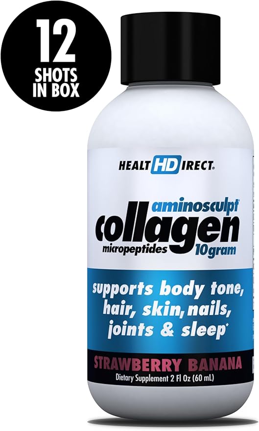 HEALTH DIRECT – Medical-Grade Liquid Collagen Shots – AminoSculpt Sugar-Free – Strawberry Banana – 12 Servings, (12pk, 2oz Shots) – Good for Joints, Bones, & Sleep – Better Hair, Skin & Nails