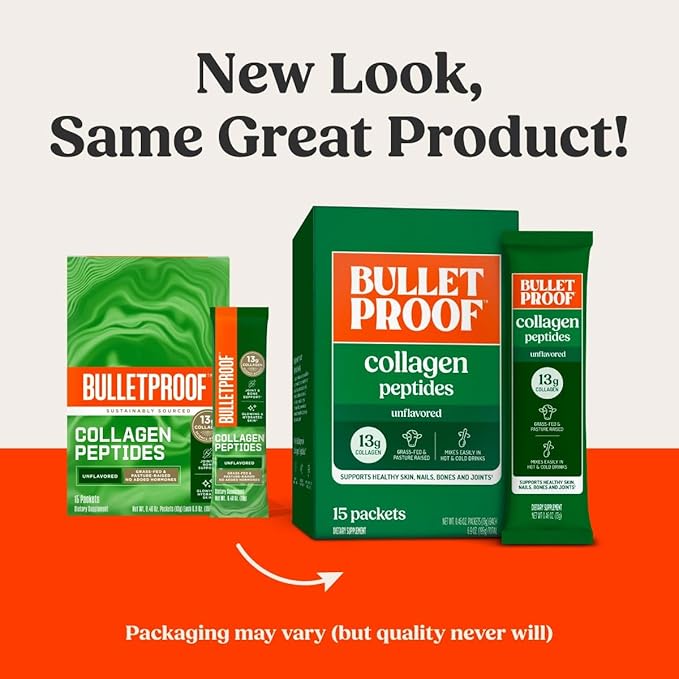 Bulletproof Unflavored Grass-Fed Collagen Peptides Powder Packets with Amino Acids for Skin, Bone and Joint Support, Pasture Raised, No Added Hormones, Pack of 15