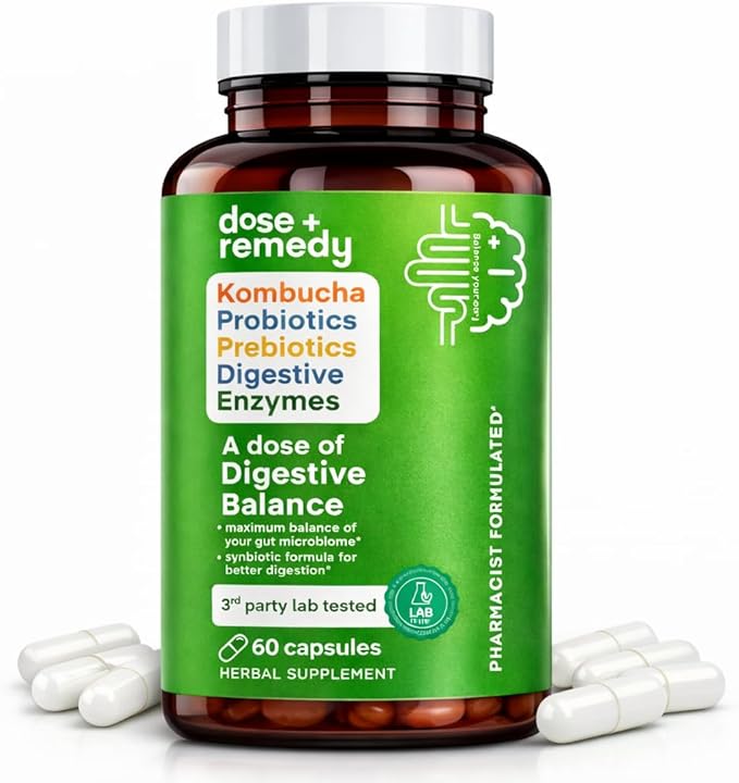 A dose of Digestive Balance-Gut Health Supplement-USDA-Kombucha, 7 Probiotic Strains and Prebiotics for Microbiome-Digestive Enzymes for Digestion-Bloating Relief for Women and Men (60 Count)