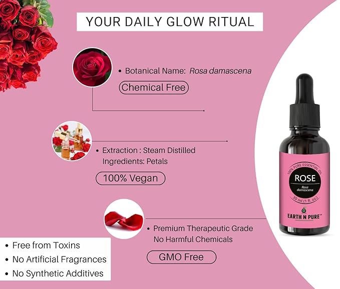 Earth N Pure Rose (Gulab Oil) Essential Oil Natural and Therapeutic 50 ml
