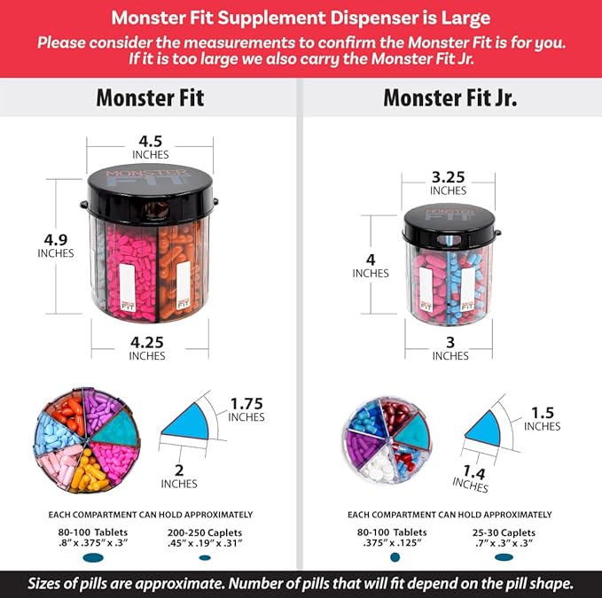 XL Supplement Pill Dispenser Bottle, 7 Compartment, Labels, Easy Open, Anti-Mixing, UV Protected Organizer, Extra Large Monthly Vitamin, Monster Fit Medication Holder Includes Premium Medisafe App