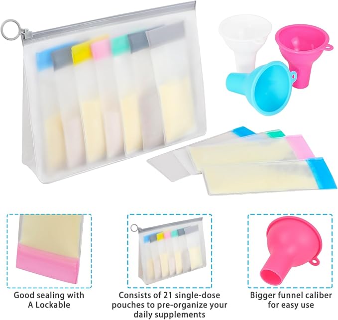 MUOUAKATE Protein Powder Travel Container Set - Reusable Powder Supplement Container To Go - 21pc Single Dose Bags and 3pc Large Travel Containers Zip Up Bags