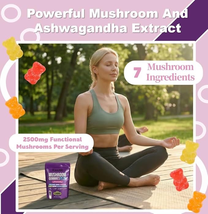 1000mg Ashwagandha & Mushroom Gummies, with 8-Mushroom Blend (Reishi, Lion's Mane, Cordyceps). Supports Focus, Energy and Cognitive Boost,for Adults, 160 Count.