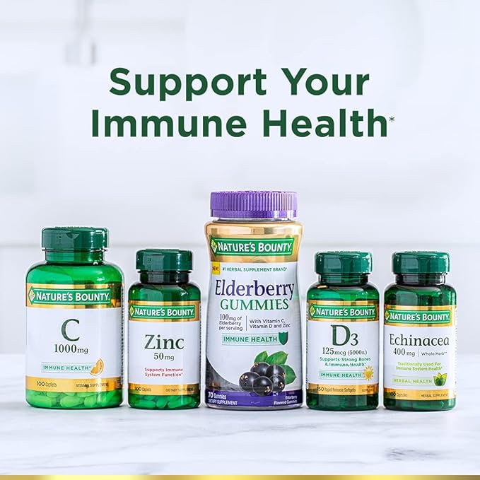 Nature's Bounty Elderberry Gummies, Dietary Supplement, Supports Immune Health, Contains Vitamin A, C, D, E and Zinc, 100 mg, 120 Gummies