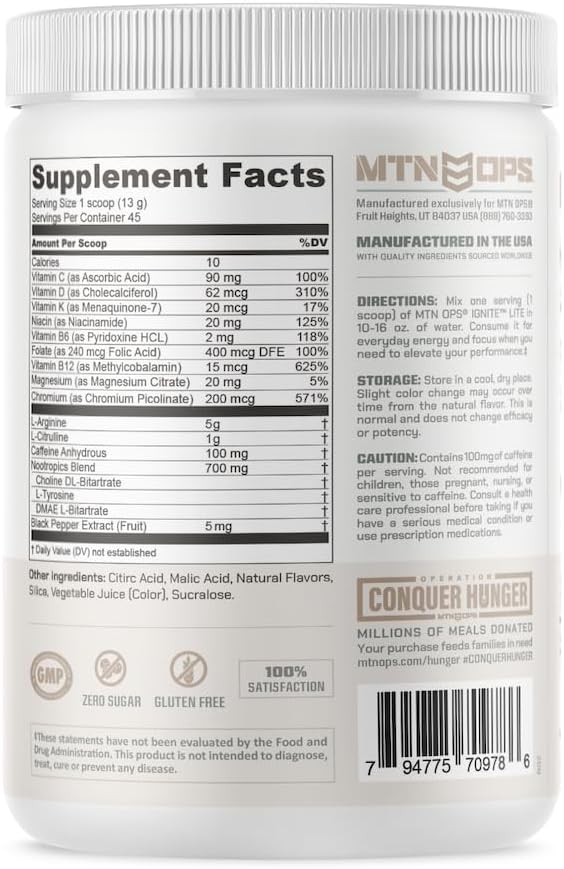 MTN OPS Ignite Lite Sugar Free Energy Drink Powder with 100mg Caffeine, Nootropic Blend for Energy & Focus, L Arginine & L Citrulline for Endurance, 45 Servings, Strawberry Daiquiri