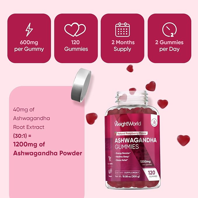 WeightWorld Ashwagandha Gummies for Stress Relief, Healthy Sleep & Energy Booster | 120 Count (2-Month Supply) | Vegan Ashwagandha Supplements Gummies | Natural Raspberry-Flavor, Non-GMO, Gluten-Free