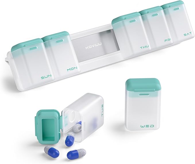 KOVIUU Weekly Pill Organizer Magnetic, Removable Pill Box 7 Day 1 Time a Day, Large Pill Case Travel, Week Once Daily Medication Dispenser, Medicine Container Holder for Supplement Vitamin, Cyan