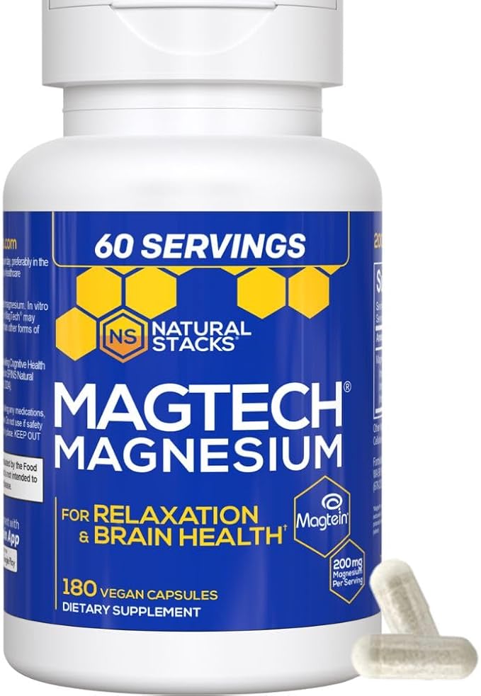 MagTech Magnesium Supplement - 3 Forms of Magnesium: Magtein L-Threonate, Glycinate & Taurate - 200mg Chelated Magnesium Complex - Supports Relaxation & Brain Health - 180 Capsules