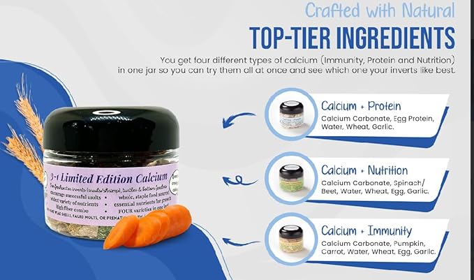 Unlimited Edition Calcium - 3 Flavors in 1 Jar, for Strong Shells, Healthy Molts, 100% Natural, Does Not Dissolve in Water, Fast Sinking for Shrimp, Snails & More! Biologist Made in USA