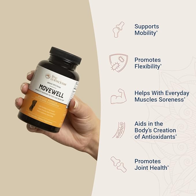 MoveWell by LiveConscious Glucosamine Chondroitin with MSM, Hyaluronic Acid, and More | Joint Health Supplement (2-Pack)