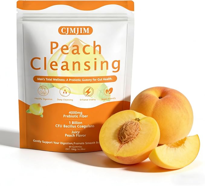 Peachy Clean Fiber Gummies with Prebiotic for Men, Peach Flavored Digestive Support & Detox Gummy Supplement, 60 Vegan Gummy Bears for Regularity & Gut Health (1)