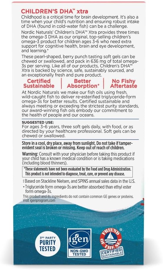 Nordic Naturals Children’s DHA Xtra, Berry Punch - 90 Mini Chewable Soft Gels for Kids - 636 mg Omega-3s EPA & DHA - Cognitive & Immune Function, Learning, Social Development - Non-GMO - 30 Servings