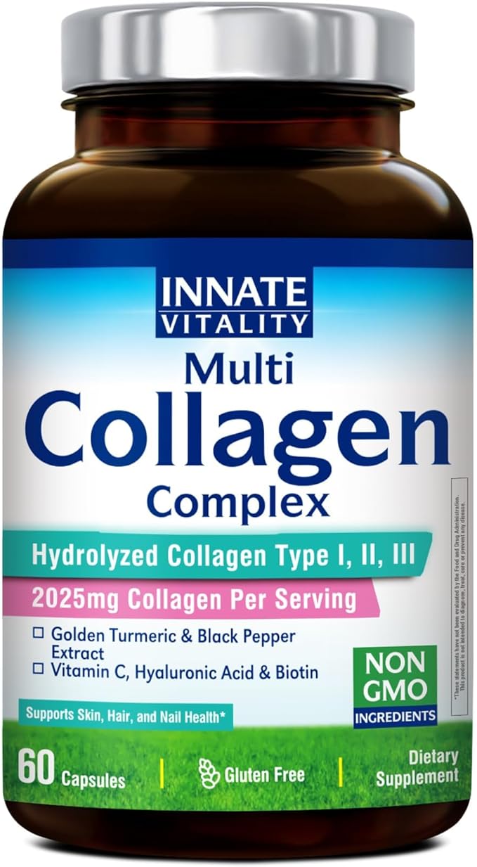 Innate Vitality Multi Collagen Peptides, Type I, II, III, Vitamin C, Biotin, Hyaluronic Acid & Turmeric, 2025mg Hydrolyzed Collagen for Women & Men, Skin, Hair & Nail Support, 60 Capsules