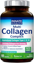 Innate Vitality Multi Collagen Peptides, Type I, II, III, Vitamin C, Biotin, Hyaluronic Acid & Turmeric, 2025mg Hydrolyzed Collagen for Women & Men, Skin, Hair & Nail Support, 60 Capsules