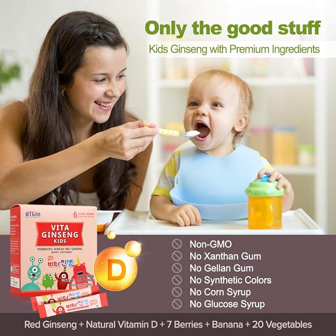 Vita Ginseng Kids, Vitamin D, Zinc, 7 Berries, Banana, 20 Vegetables, Milk Powder for Immune Support, Focus and Memory Boost, 30 Packets (1Set)