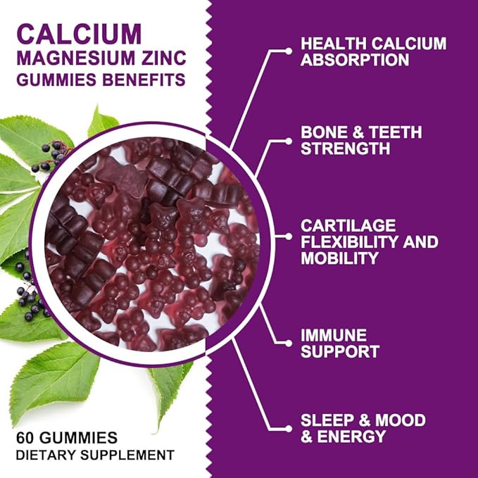 Calcium Magnesium Zinc Gummies with High Absorption Magnesium Glycinate 300mg, Potassium - Plant Complex Calcium Magnesium 2:1 Ratio, with D3 Sea Moss for Bone, Immune & Sleep Support, Vegan-1 Pack