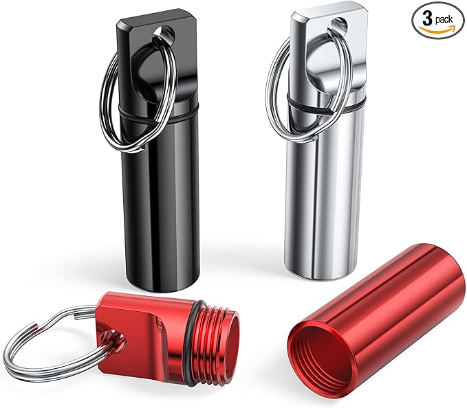 Small Portable Pill Box Keychain (3 Pack), Aluminium Alloy Mini Pill Organizer Case Container for Purse,Waterproof Metal Pill Holder Medicine Bottle for Outdoor Camping Travel(Black+Silver+Red)
