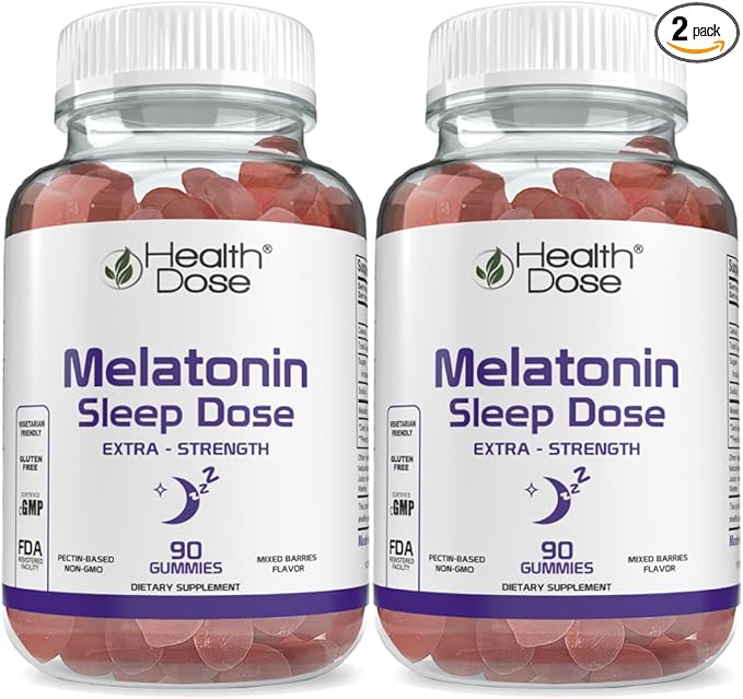 Health Dose Melatonin 6 mg Extra Strength Gummy, Pre-Bedtime Supplement for Restful Sleep, Adults, 90 Gummies, Mixed Berries Flavor Pack of 2.