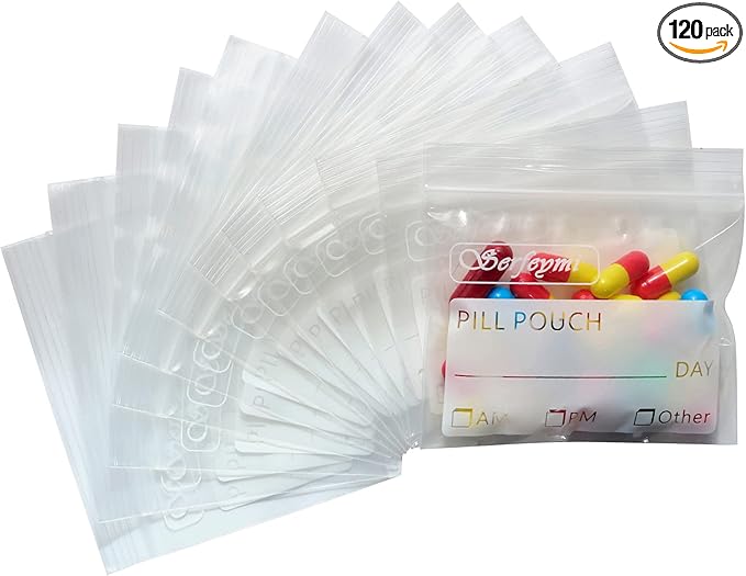 Serfeymi Pill Bags for Travel Pill Pouch Organizer Pack of 120 BPA Free 3 x 2.75 inch Reusable Pill Pouches for Medicine with Write on Label & Zipper Seal Waterproof AM PM Pill Baggies for Supplements