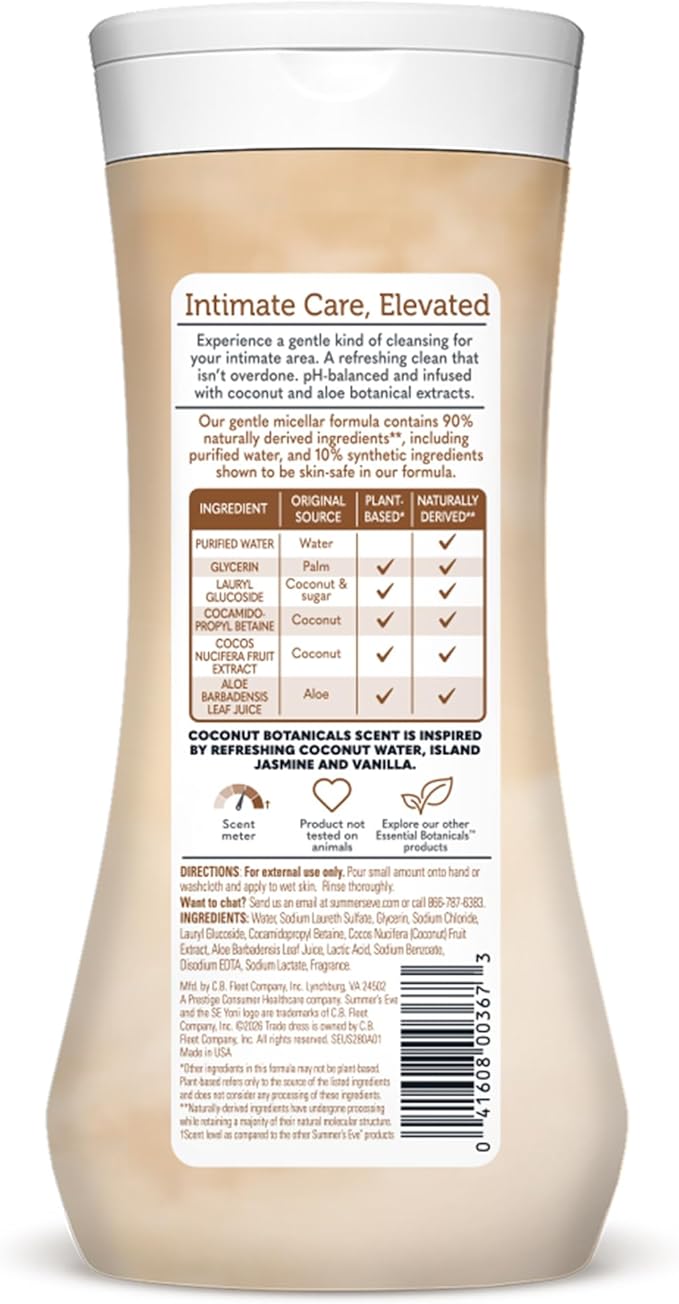 Summer’s Eve Essential Botanicals Daily Feminine Wash, Coconut Aloe, Gentle pH-Balanced Body Wash for Women, Feminine Care to Remove Vaginal Odor, Gynecologist Tested, 15 fl oz