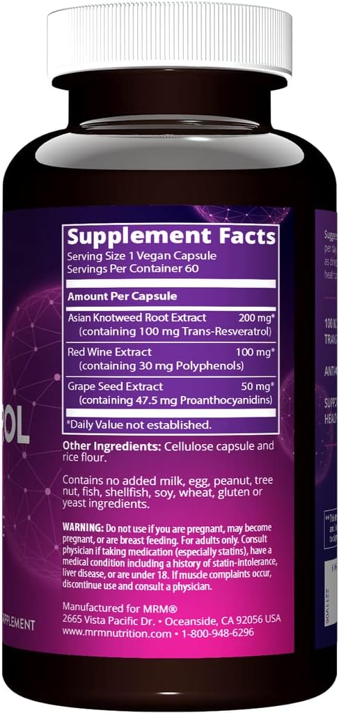 MRM Nutrition Resveratrol 100mg - For Women and Men - Natural Trans-Resveratrol Antioxidant Supplement for Cellular Health, Aging Support, and Nutritional Wellness, Vegan, Gluten-Free - 60 Servings