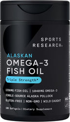 Sports Research® Omega-3 Fish Oil 1250 - Triple Strength Fish Oil Supplement from Wild Alaska Pollock - MSC Certified Sustainable · Non-GMO · Soy Free - 180 Softgel Capsules