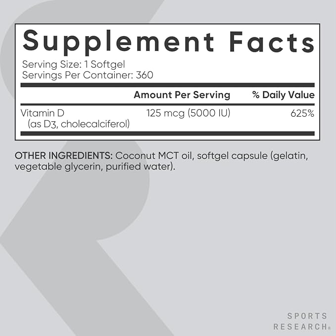 Sports Research® Vitamin D3 w/Coconut MCT Oil - High Potency Vitamin D3 5000iu (125mcg) Supplement for Immune & Bone Support - Seed Oil Free - Non-GMO - Gluten Free (360 Liquid Softgels)