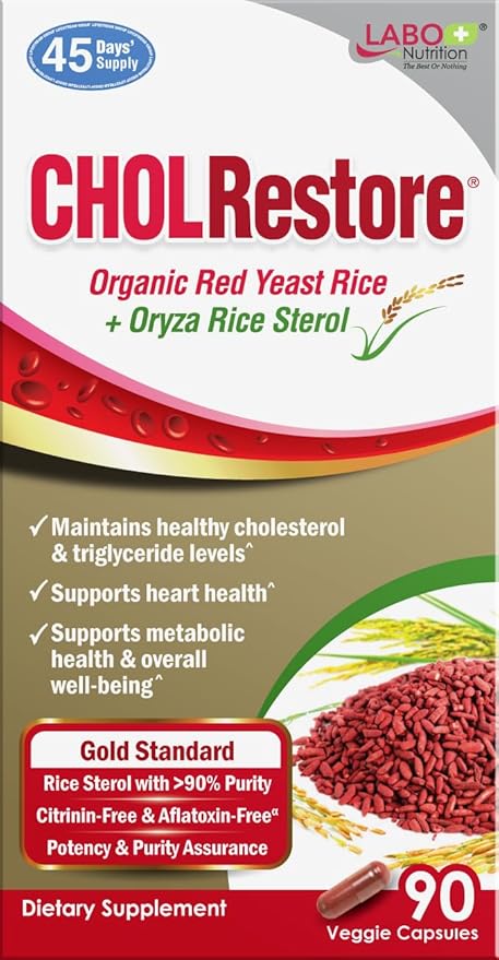 LABO Nutrition CHOLRestore – Red Yeast Rice with Phytosterol Health Supplement, Supports Healthy Cholesterol Levels, Citrinin, Aflatoxin & Soy Free, 90 Vegetarian Capsules