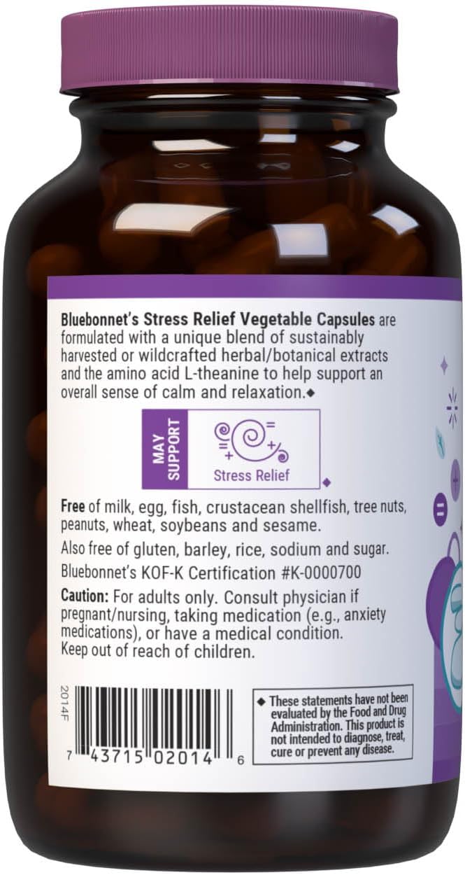 BlueBonnet Targeted Choice Stress Relief Whole Food Based Ashwagandha Extract, L-Theanine, Lemon Balm, Rhodiola Relaxing Calm Mood Supplement for Women & Men - Non-GMO, Vegan - 60 Vegetable Capsules