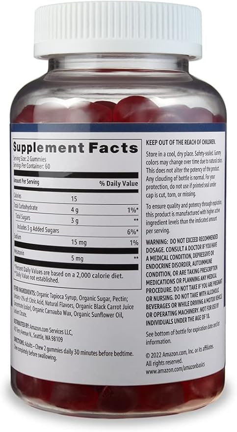 Amazon Basics Melatonin 5mg, Strawberry (Previously Solimo) 120 Gummies (2 per Serving) (Pack of 2)