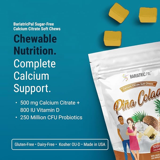 BariatricPal Sugar-Free Calcium Citrate Soft Chews | 500mg with Vitamin D & Probiotics | Piña Colada | 90 Count (1 Month Supply)
